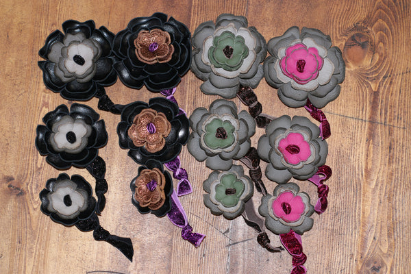 Black & Grey Leather Flower Hair Ties